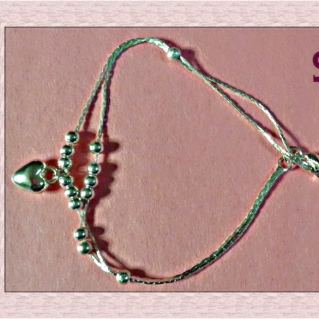 Silver Tone Beaded Anklet With Silver Tone Heart Design